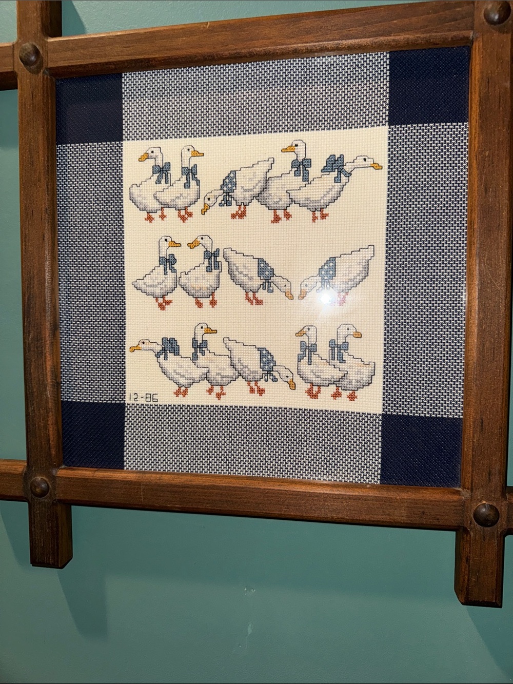Vintage Framed Cross-Stitch Geese Wall Art - Blue & White w/wooden frame-goose